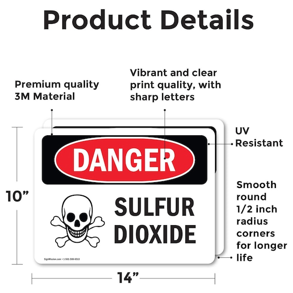 Sulfur Dioxide Danger Sign, Vinyl Decal, 14in W X 10in L, 2PK